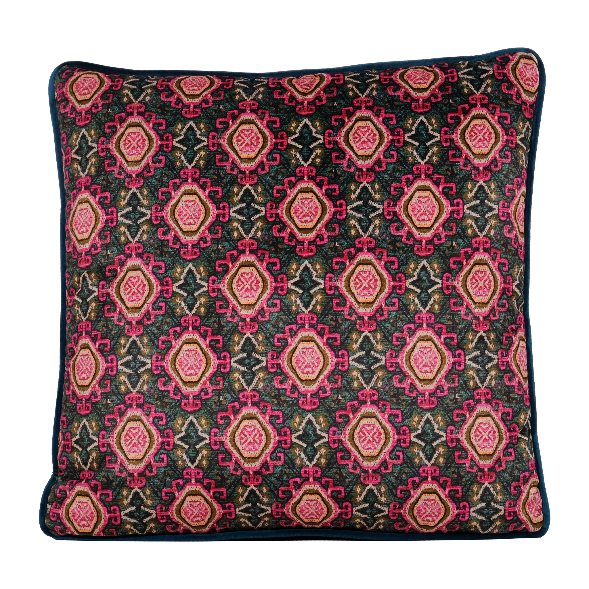 Decorative pillow with a pink and teal Persian geometric pattern