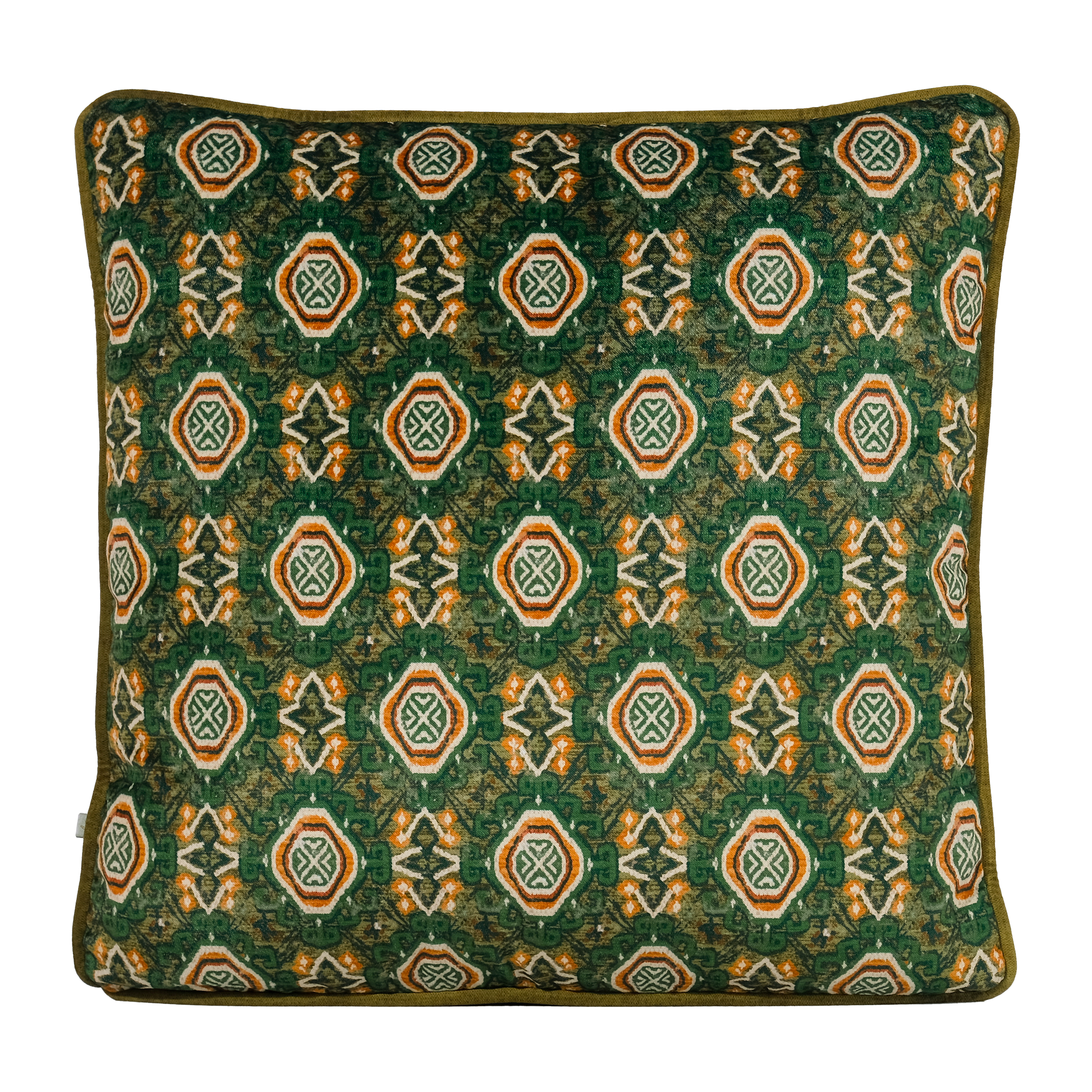 A square decorative throw pillow featuring an intricate geometric persian pattern in dark green, rust orange, and cream.