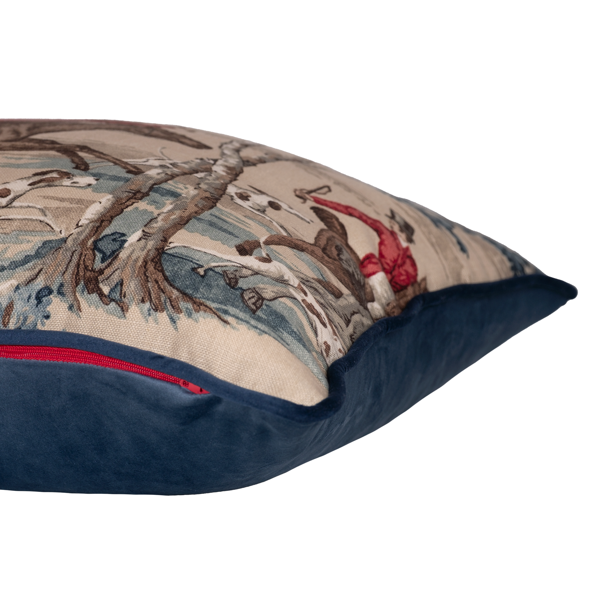 Side shot of a printed linen cushion featuring a classic english hunting scene