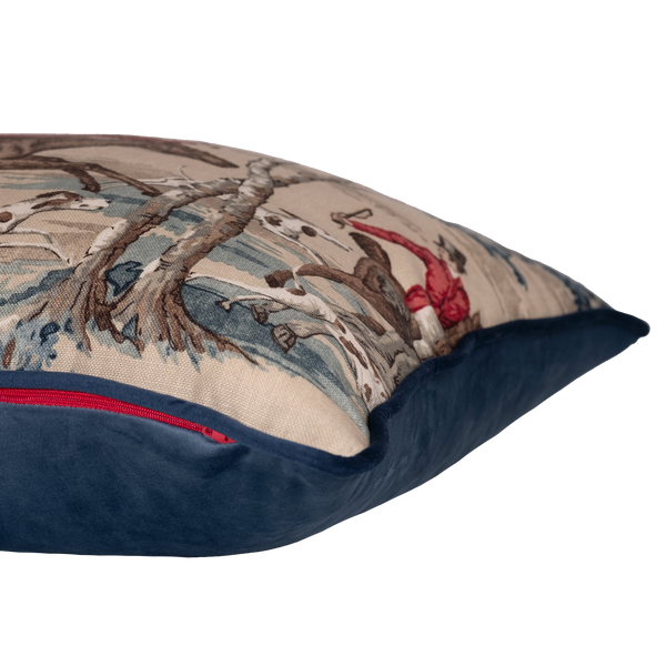Side shot of a printed linen cushion featuring a classic english hunting scene