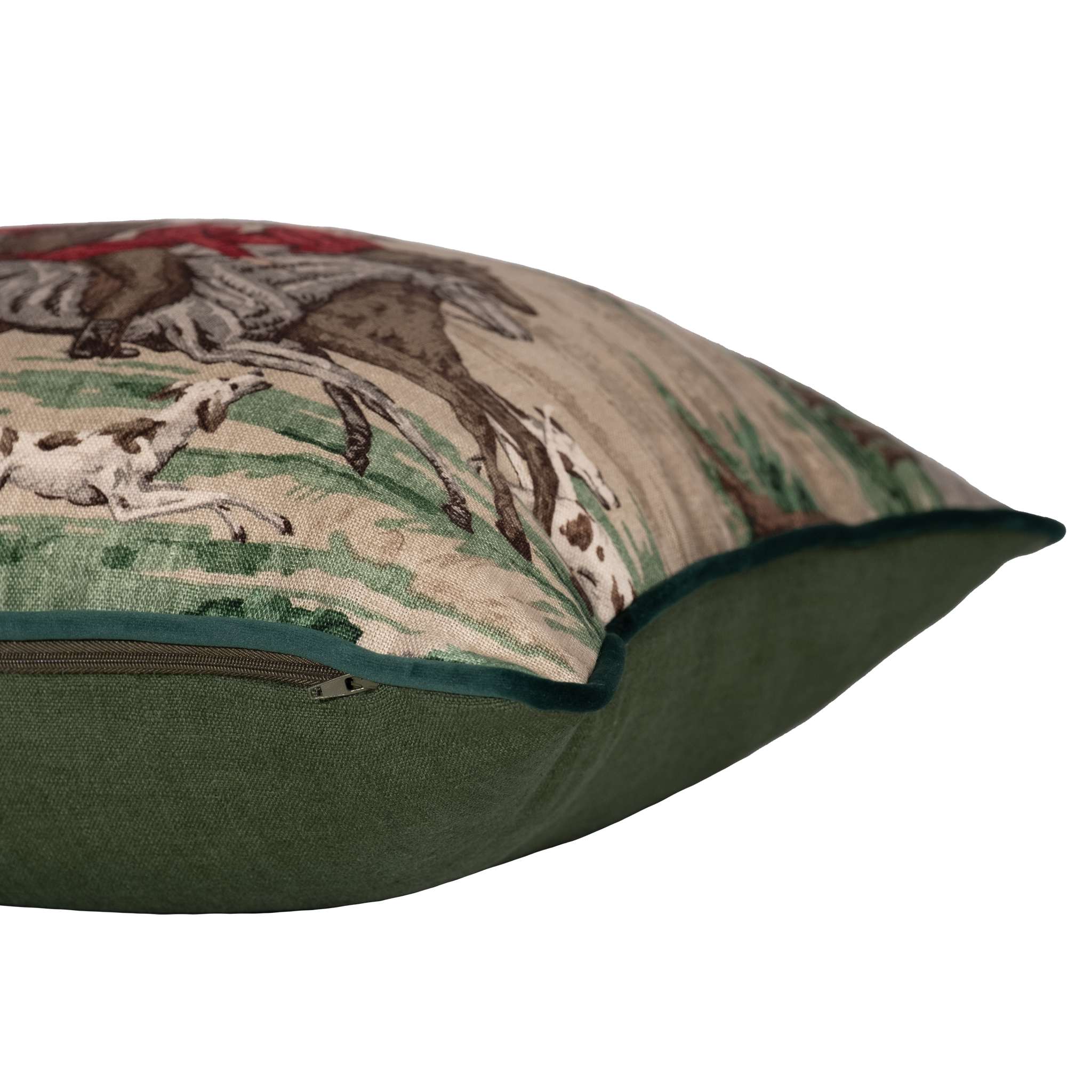 Side shot of a linen cushion depicting a traditional English hunting scene