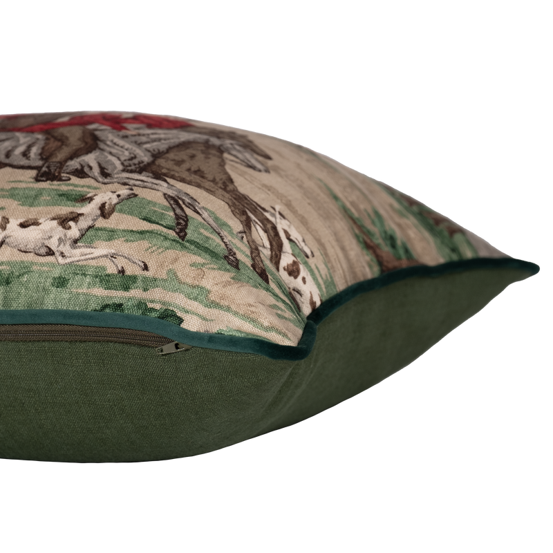 Side shot of a linen cushion depicting a traditional English hunting scene