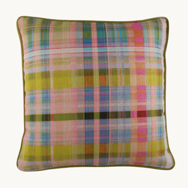 photo of a cushion made from a colourful pastel plaid printed onto linen