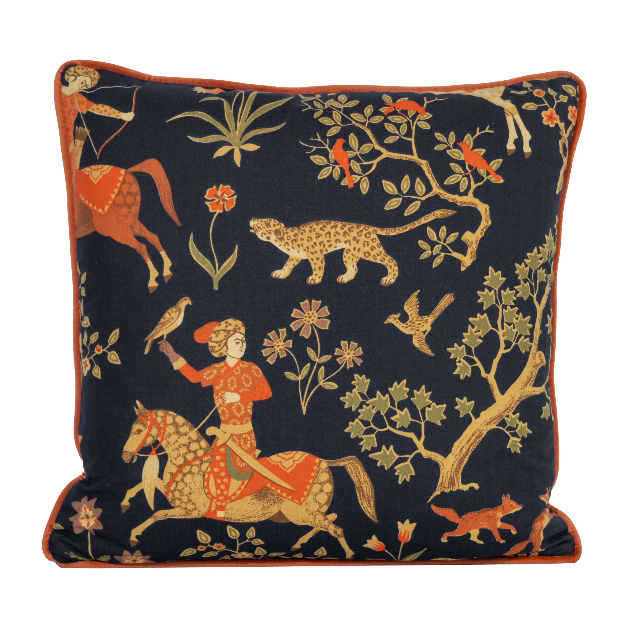 Decorative cushion with intricate patterns of animals and a person on a horse against a dark background.