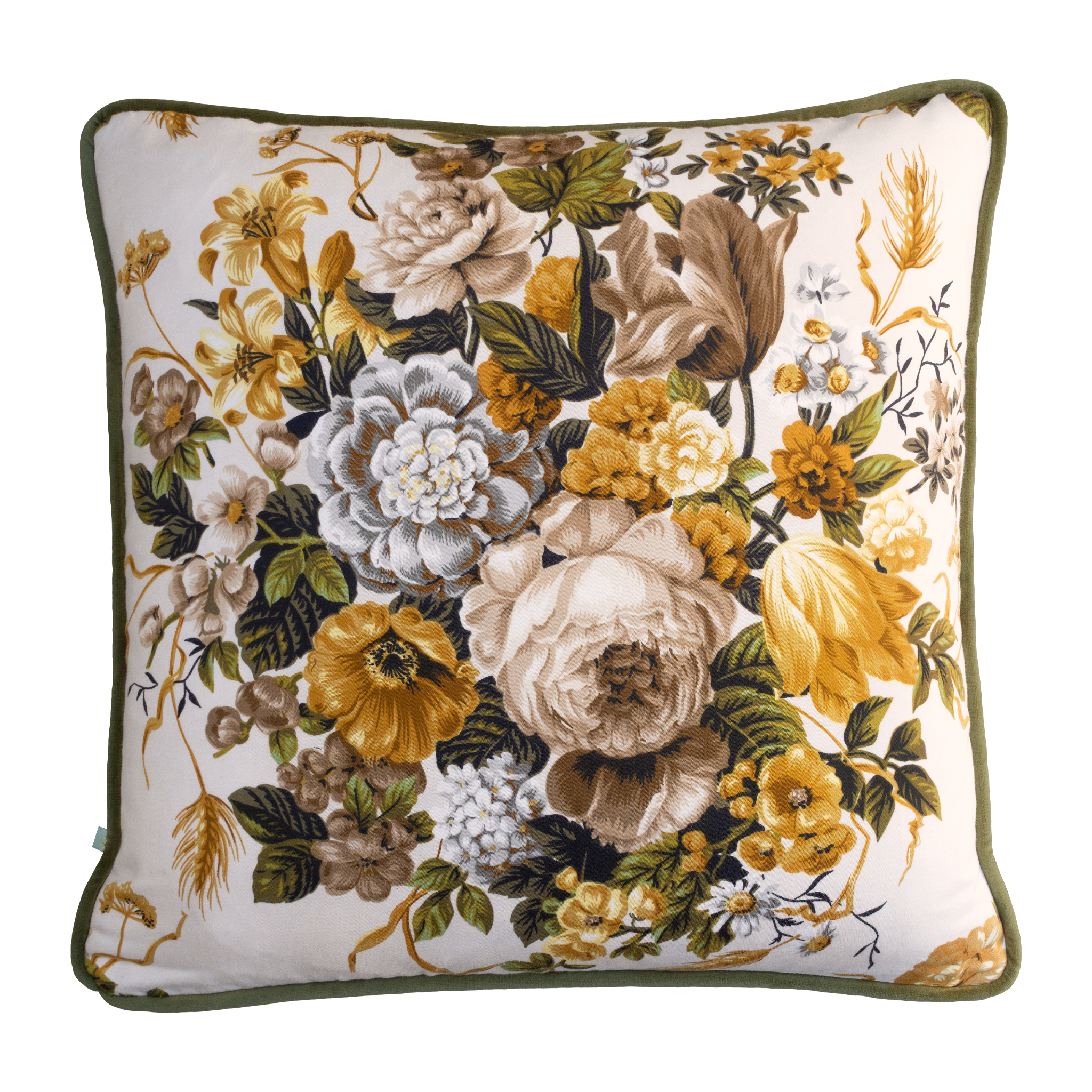 Floral patterned pillow with yellow, white, and green flowers on a white background