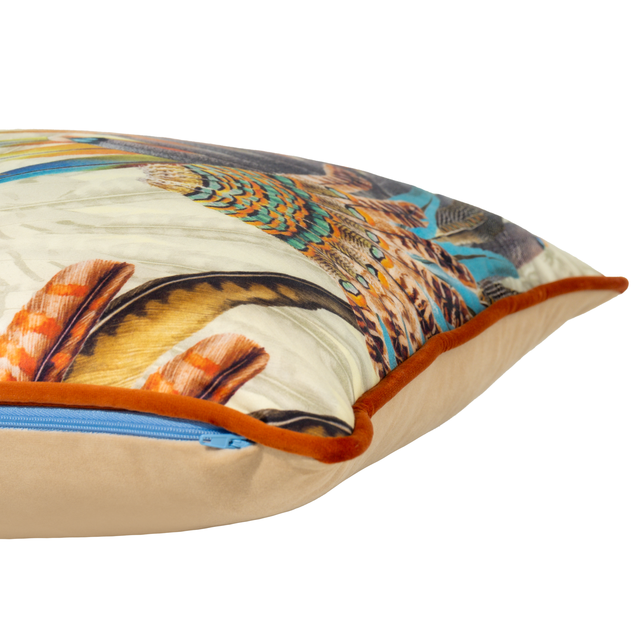 Decorative cushion with a colorful fearther design on a neutral background