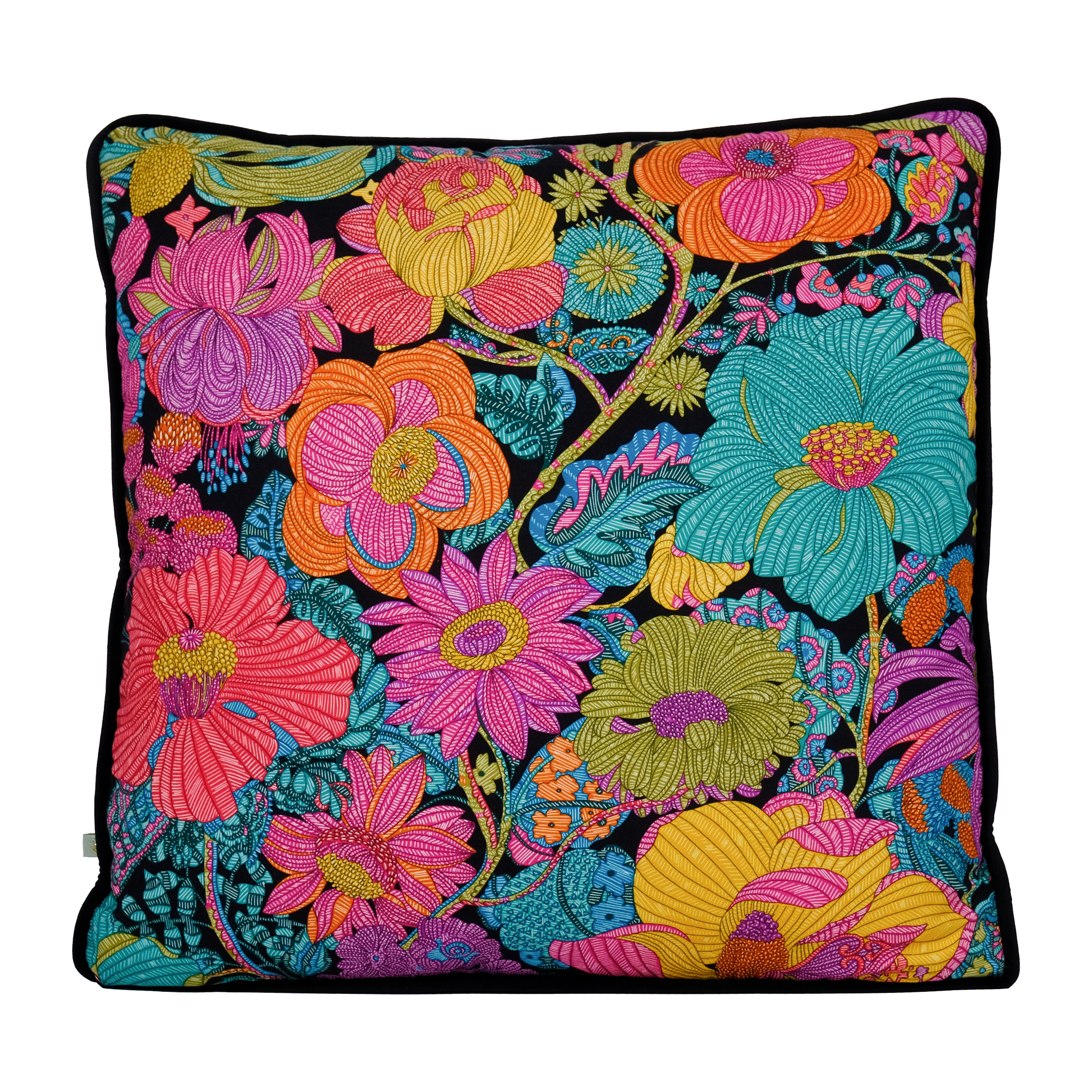 Colourful floral cushion with a black background