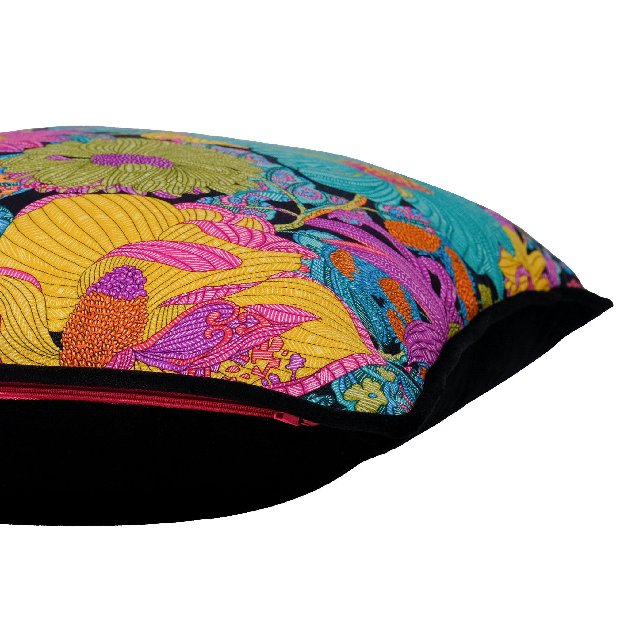 Side shot of a colourful floral cushion in bright colours 
