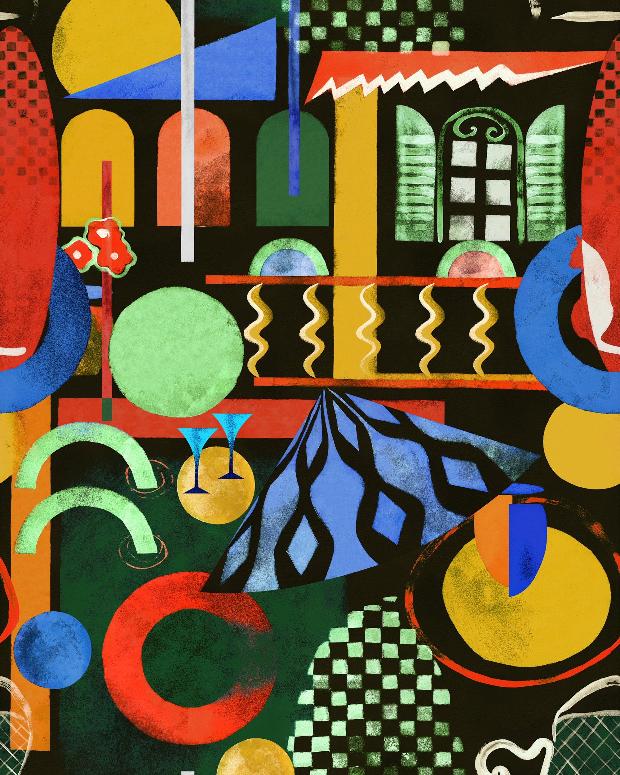 This wallpaper shows a night time scene with a veranda in a picturesque landscape. A modern design with striking colour schemes. Woodblock printing effect with bold shapes and checkers 