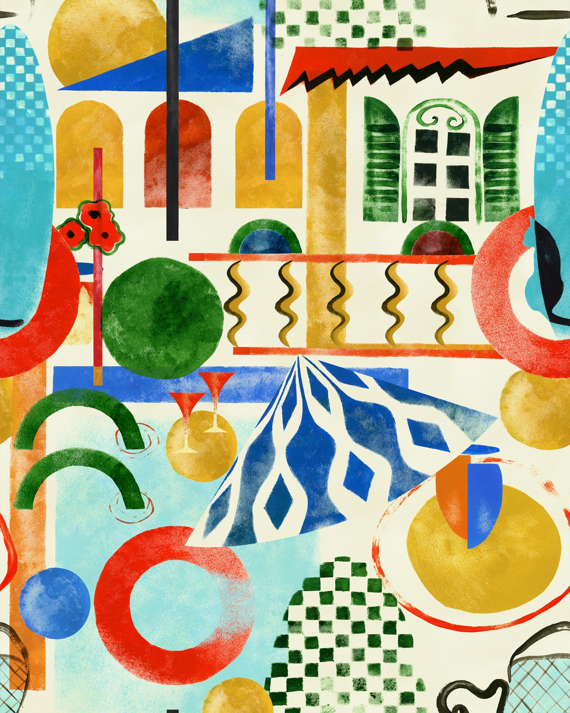 This wallpaper shows a sunlit veranda in a picturesque landscape. A modern design with striking colour schemes. Woodblock printing effect with bold shapes and checkers 