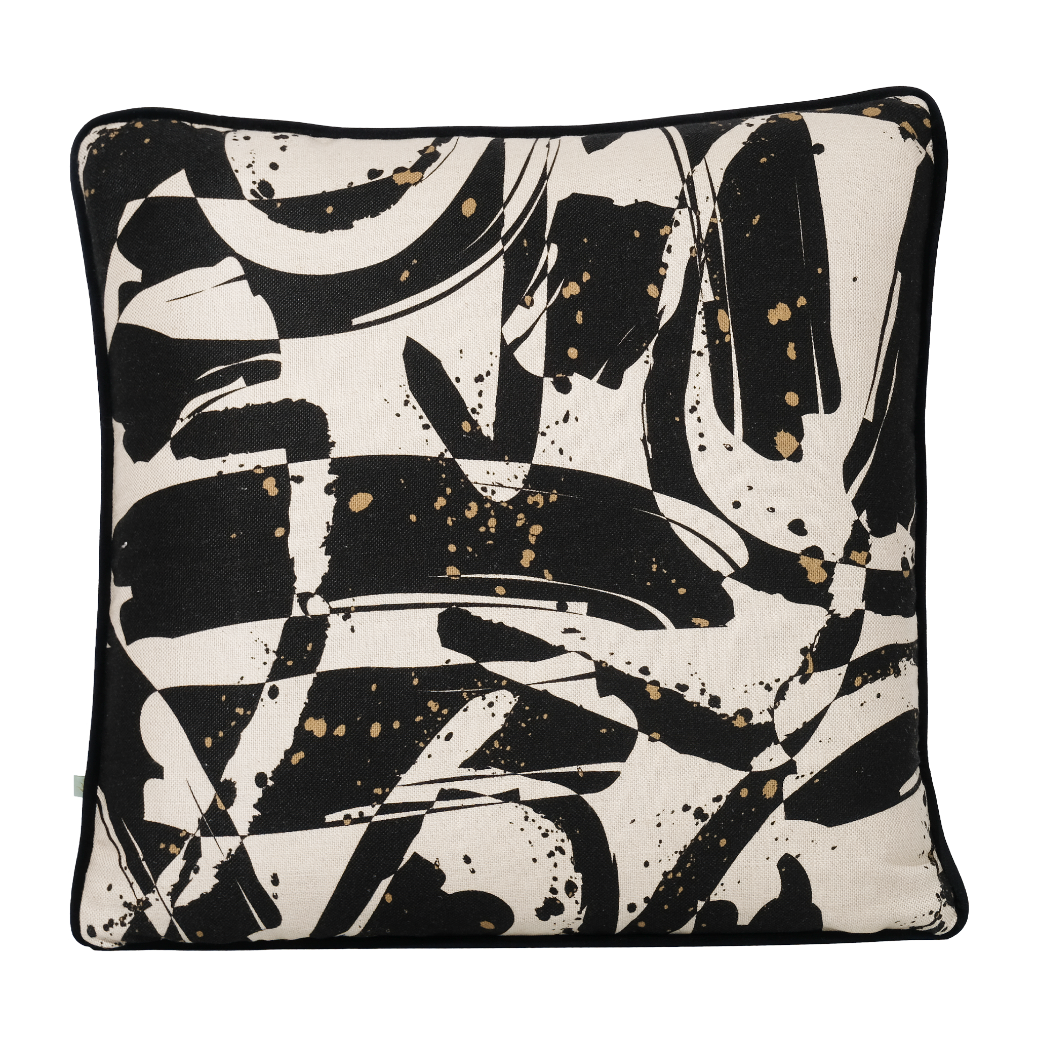 Decorative pillow with abstract black, white, and gold pattern on a white background