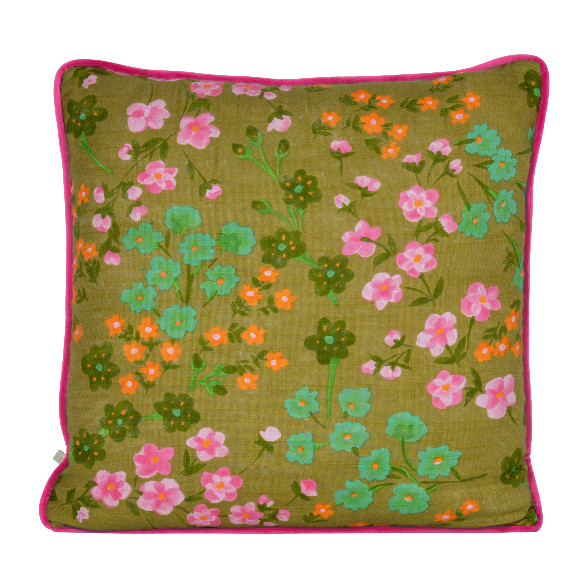 Floral cushion in bright pink, orange, green and chartreuse