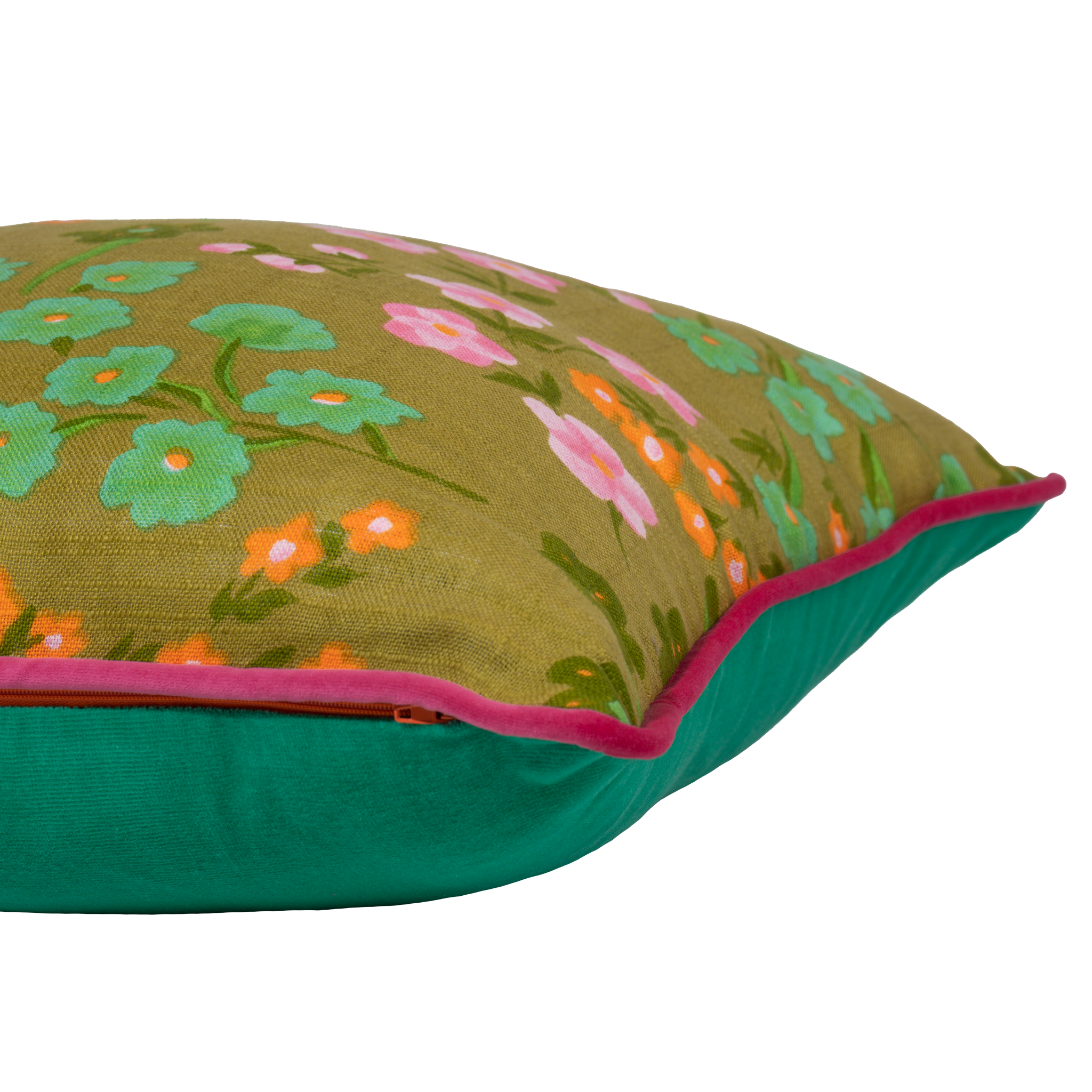 Floral cushion in bright pink, orange, green and chartreuse