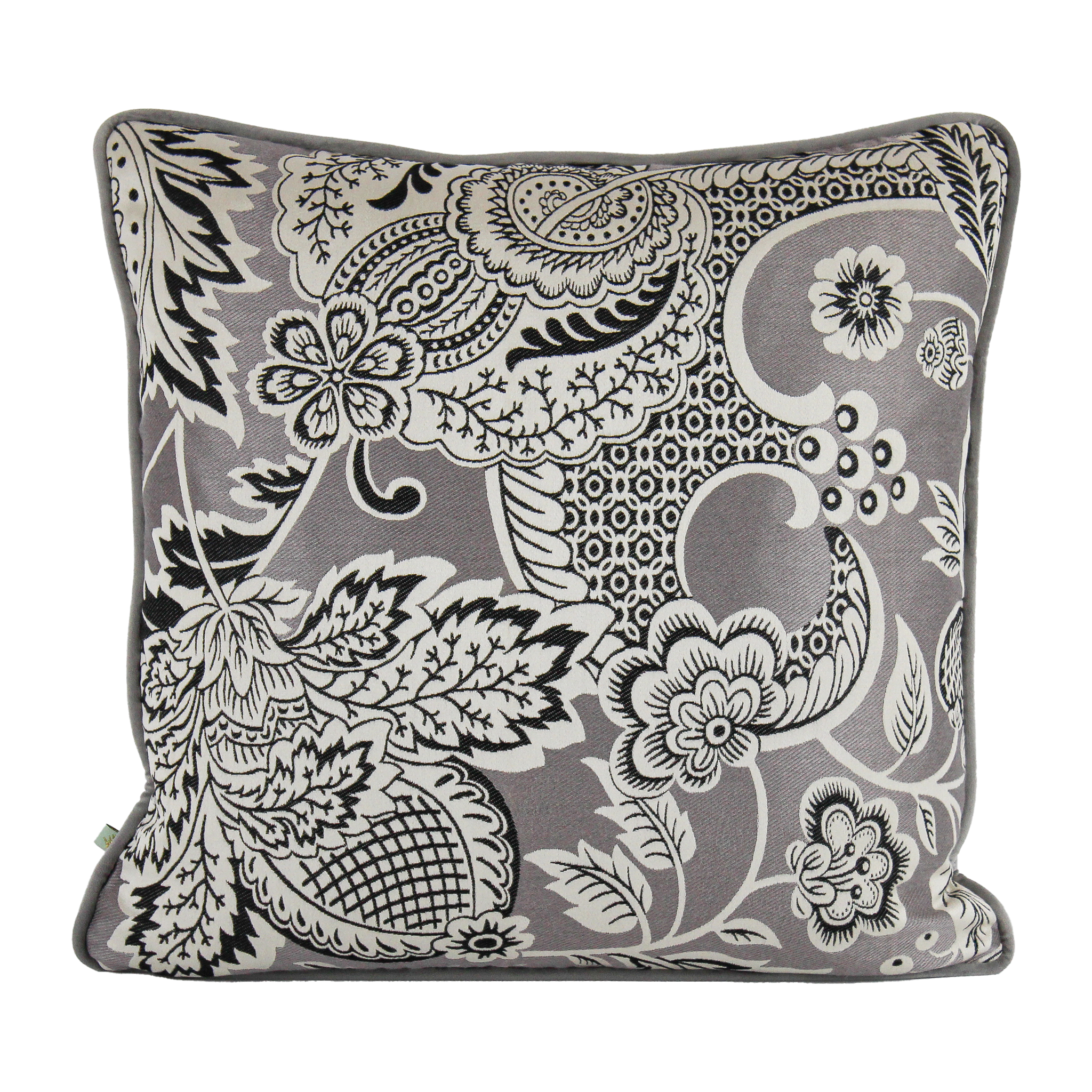 Decorative pillow with black floral and paisley pattern on a gray background