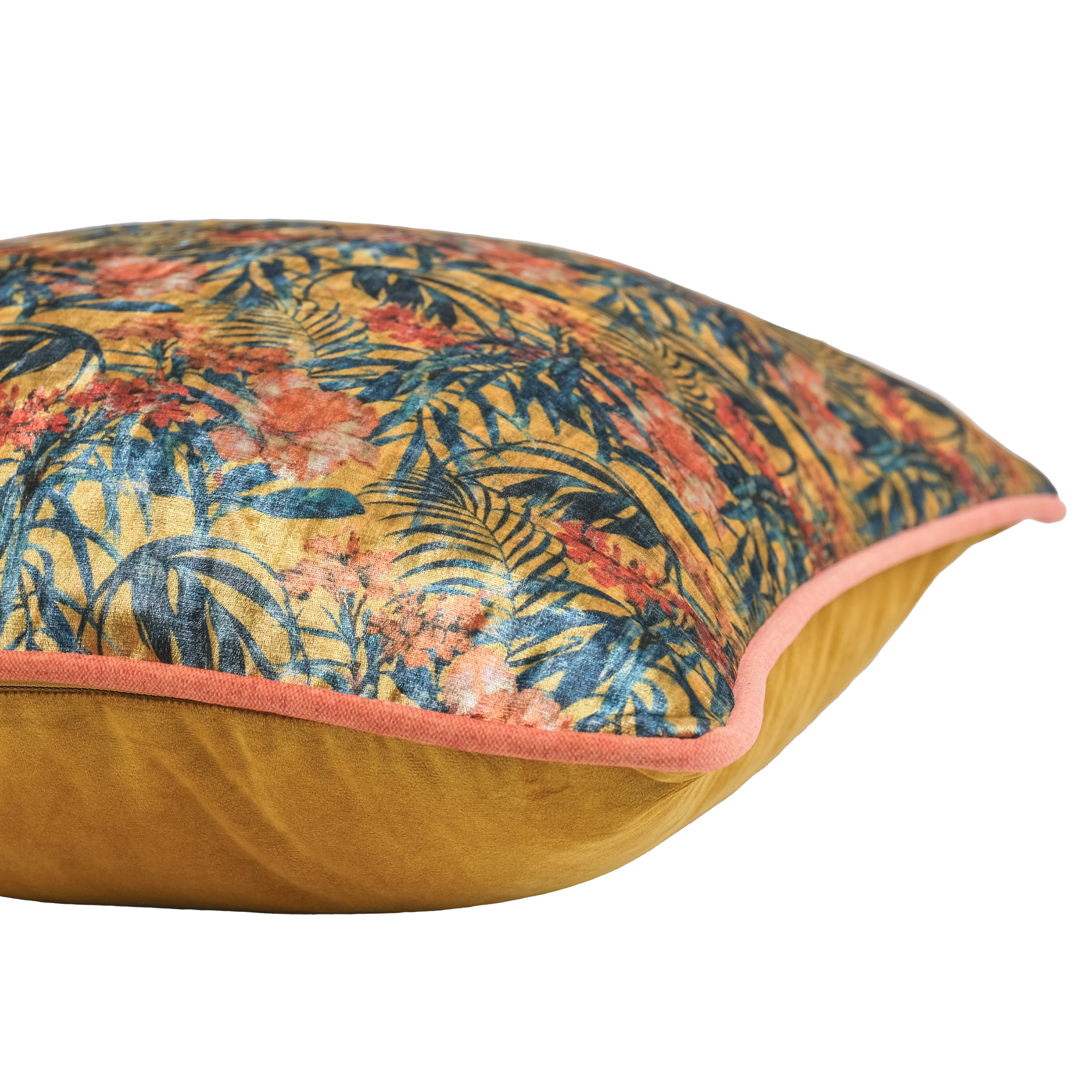 A square decorative throw pillow featuring a vibrant tropical palm leaf pattern in mustard yellow, navy blue, and coral orange velvet, finished with a solid mustard yellow velvet border and a pink piping edge.