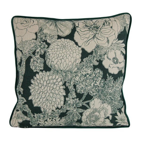 Aquamarine coloured floral printed linen cushion
