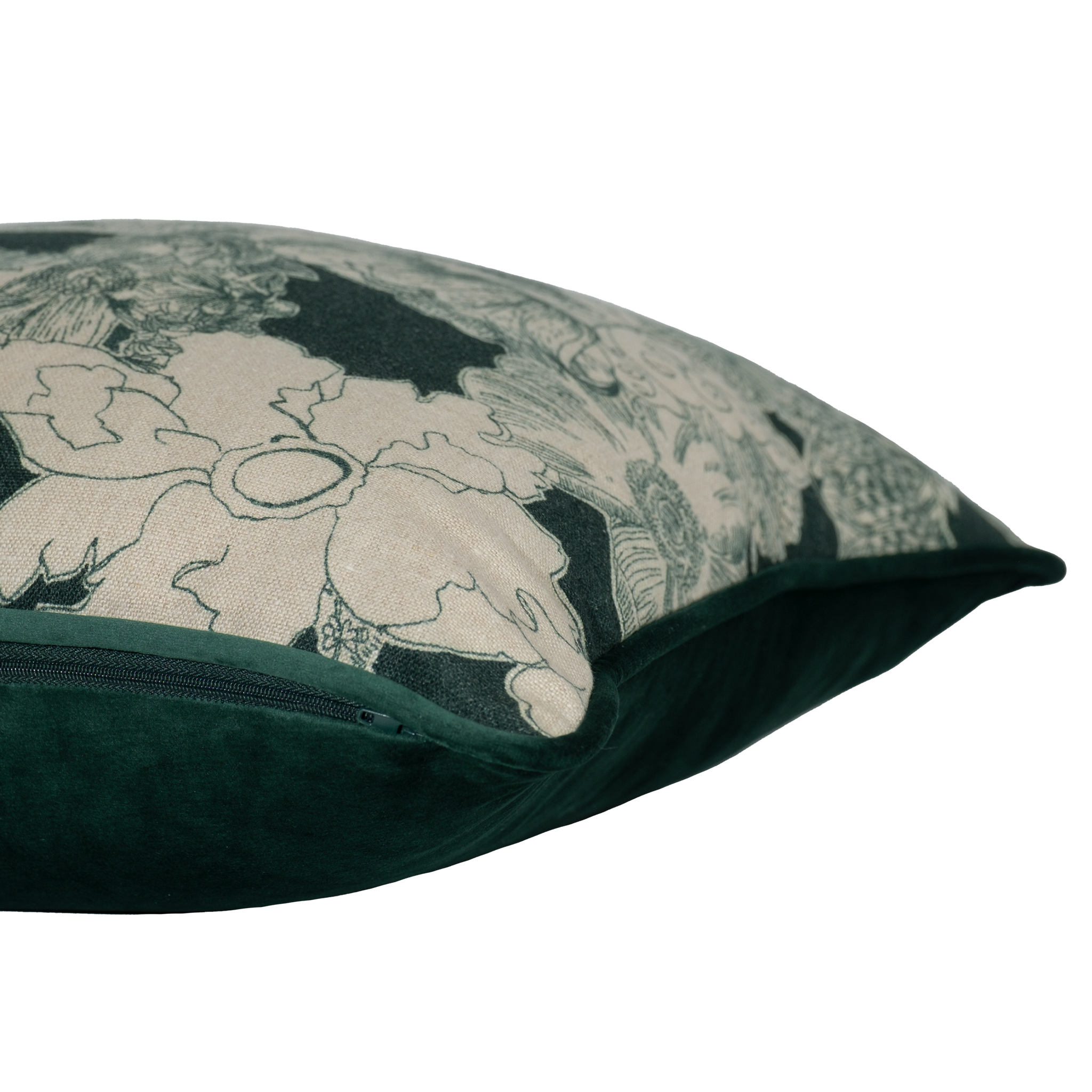 Side shot of an aquamarine coloured floral printed linen cushion