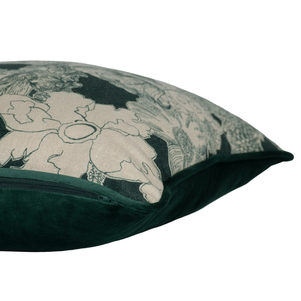 Side shot of an aquamarine coloured floral printed linen cushion