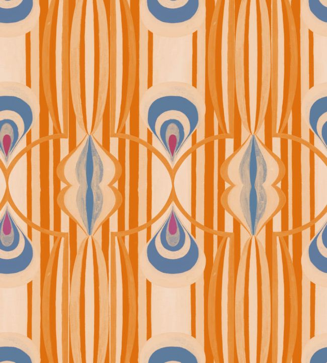 A bold geometric wallpaper with warm orange tones, blue and cream accents, featuring repeating curved and linear shapes