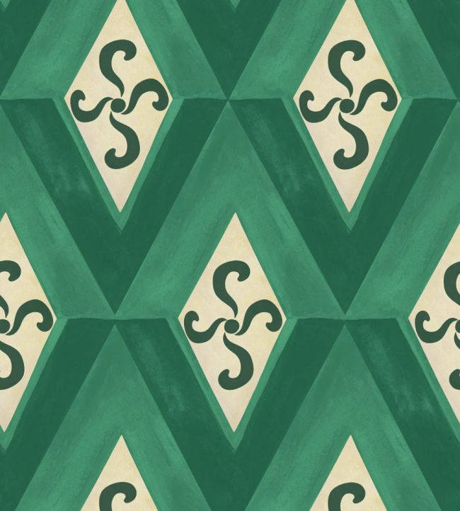 Bold green geometric wallpaper with diamond shapes and swirling motifs, creating a vintage-inspired, structured pattern with a rich, timeless feel.