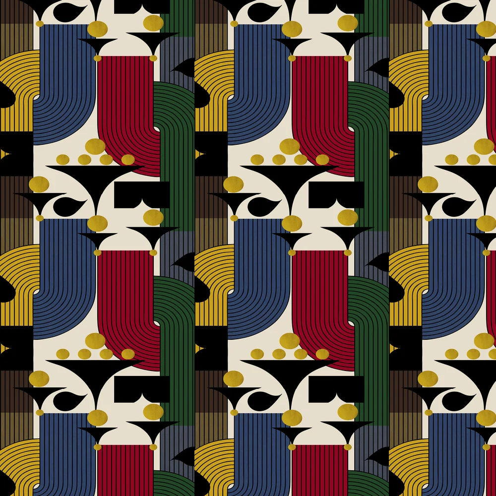 Repeating pattern of bold geometric wallpaper with curved lines and shapes in red, blue, green, yellow, black, and gold on a cream background.