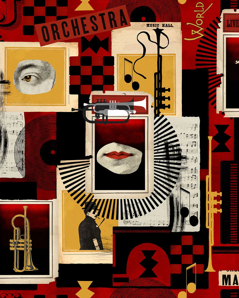 Jazz-themed collage wallpaper in red tones with musical notes, trumpets, sheet music, piano keys, and surreal graphic illustrations