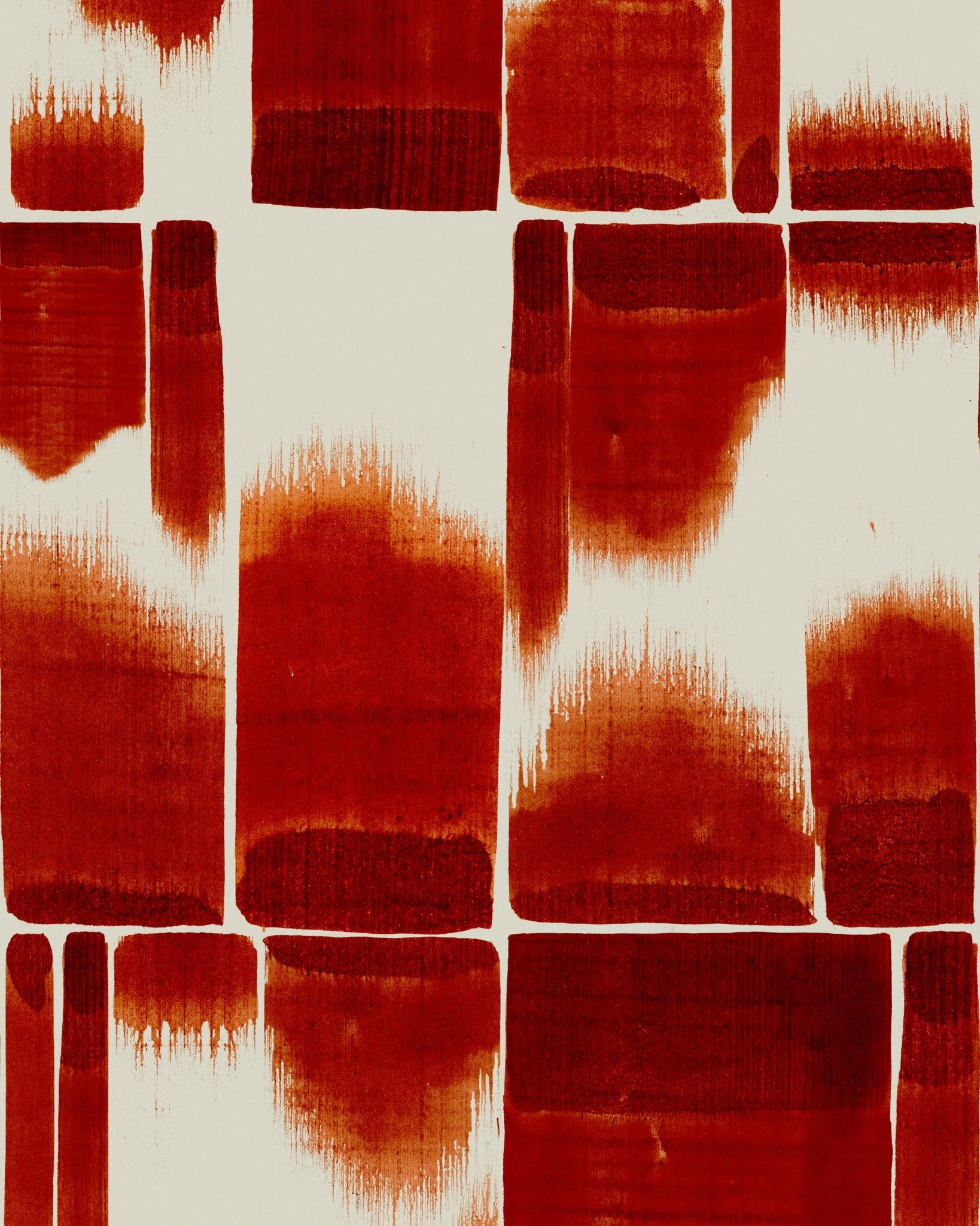 Vibrant scarlet red block pattern with watercolour brush marks on cream background