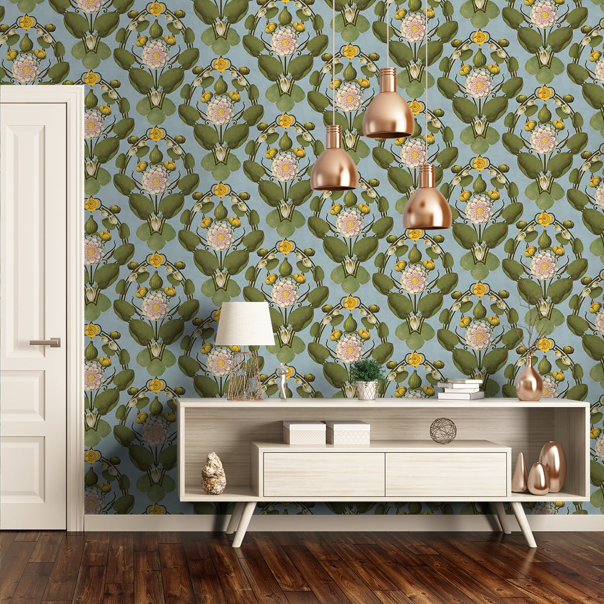 Elegant living space with botanical wallpaper featuring green pears and pink blossoms. Styled with a modern sideboard, copper pendant lights, and decor accents