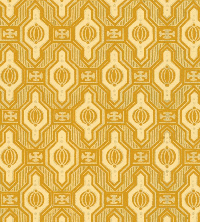 Vintage-style wallpaper featuring an intricate geometric pattern in warm golden yellow and cream tones
