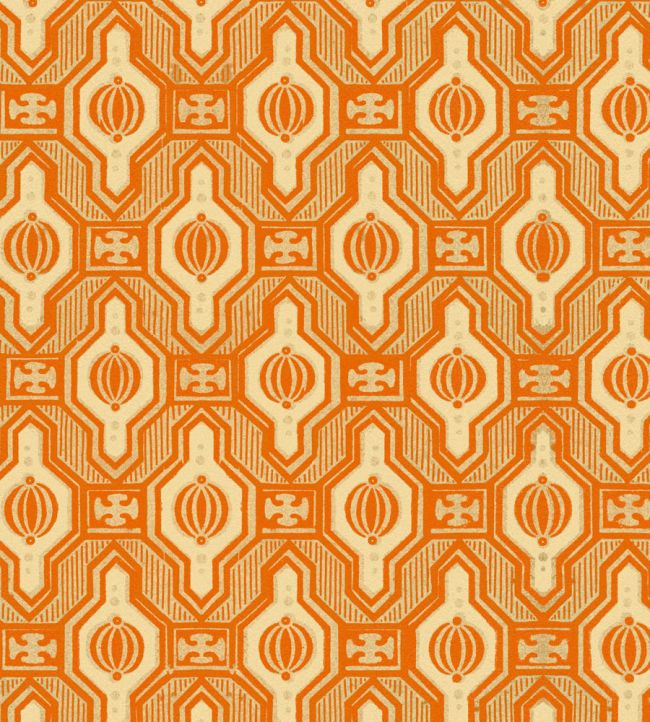 A warm-toned geometric wallpaper in burnt orange and cream. Classic motifs and fine details bring an Art Deco-inspired charm