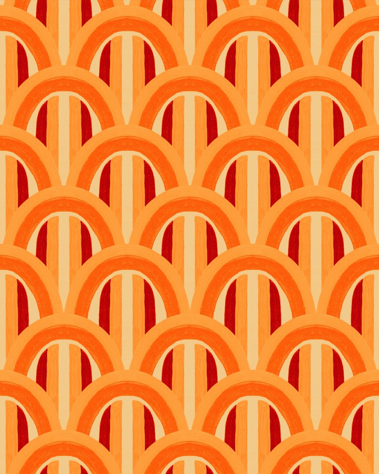 A retro-inspired wallpaper with warm orange and red arches over striped backgrounds, creating a layered, structured pattern