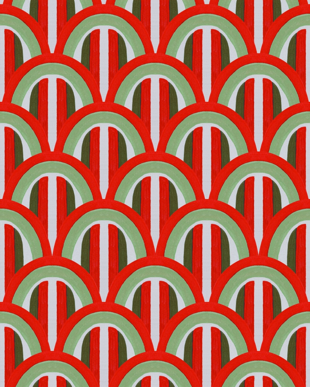 A vibrant wallpaper with red, green, and white arches over a striped background, giving a bold and festive feel