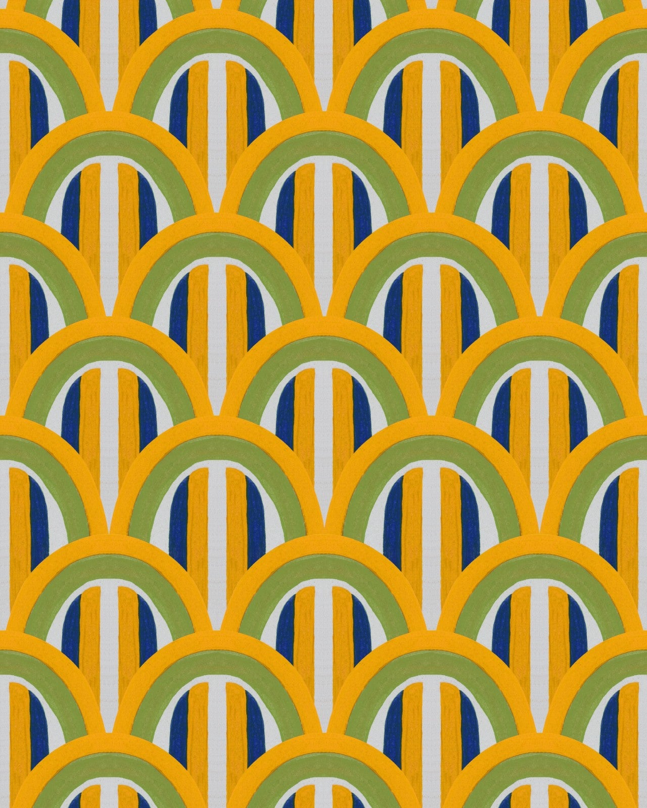 right and cheerful wallpaper with yellow, green, and blue curved arches, bringing a lively, retro-inspired energy to the space