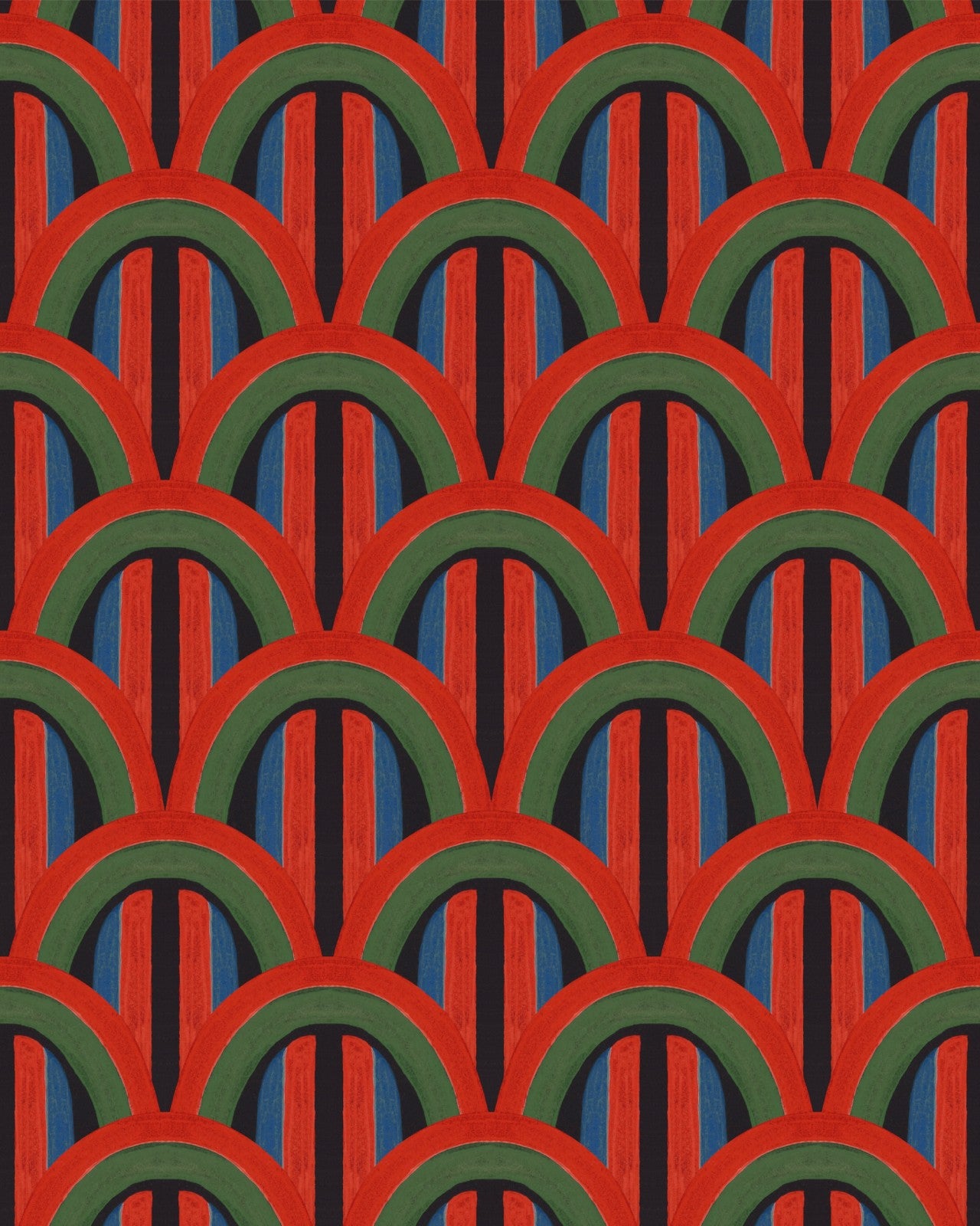 Deep and moody wallpaper with red, green, and dark blue overlapping arches, forming a bold and dramatic geometric design