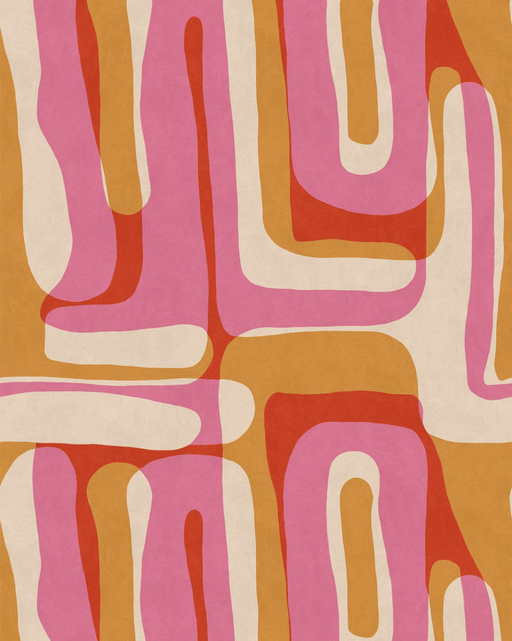 Retro-inspired wallpaper with flowing abstract shapes in pink, red, caramel, and cream, creating a bold and playful 1970s-style design