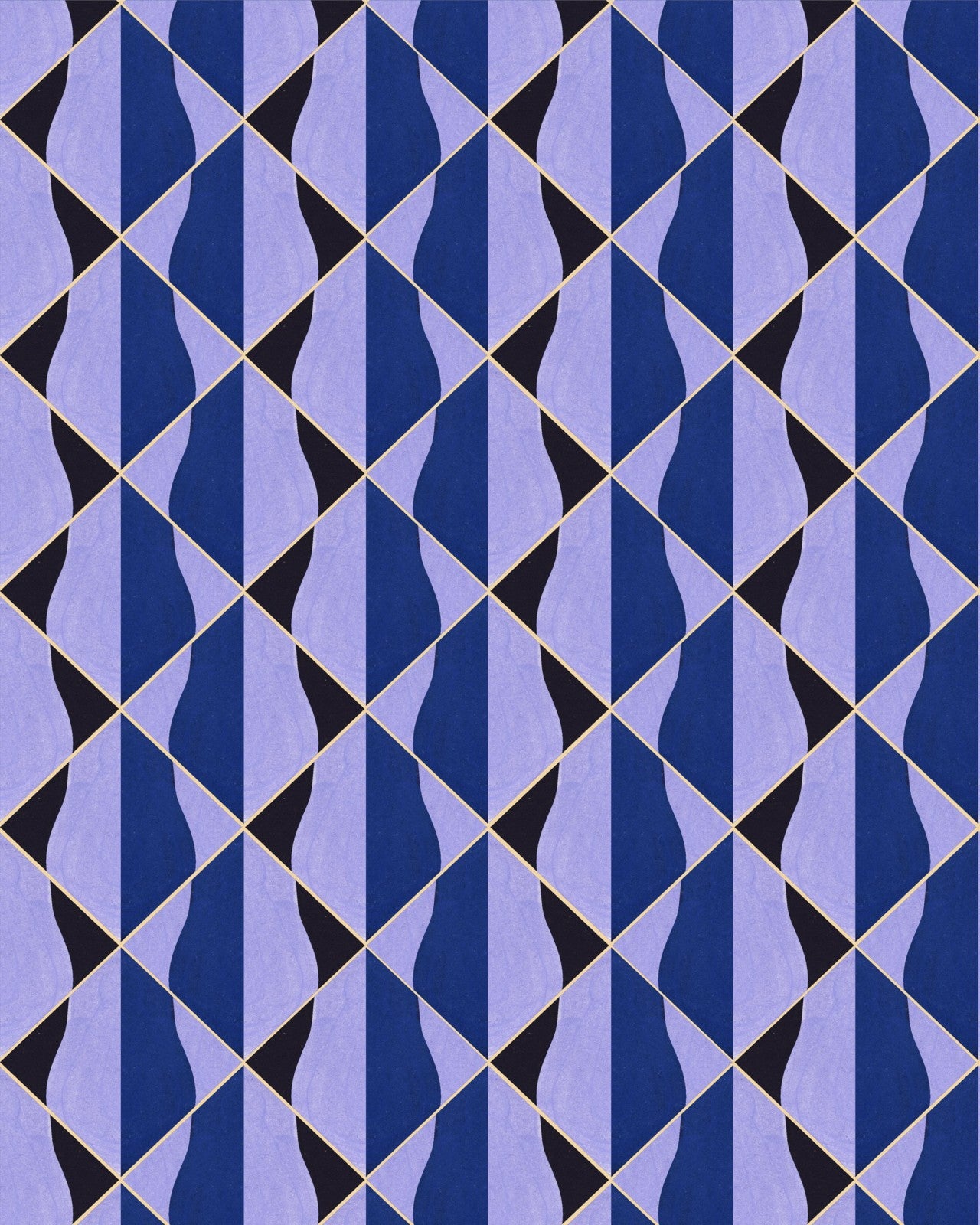 Bold geometric wallpaper featuring a dynamic diamond pattern in shades of blue, black, and lilac with gold accents. A striking, modern statement design.