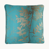 Silk blend aqua cushion with taupe coloured botanical silhouettes
