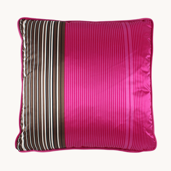 Photo of a hot pink, chocolate and white barcode stripe silk blend cushion