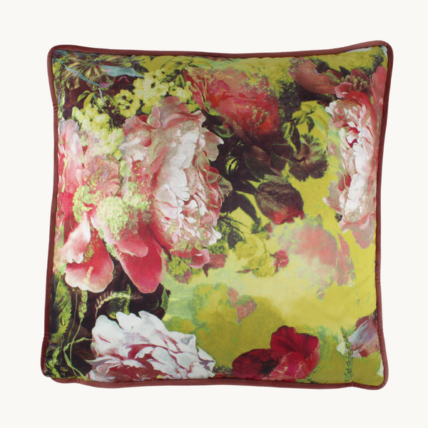 Photo of a romantic french floral on a vibrant chartreuse base colour with blush pink, coral and red peonies and poppies