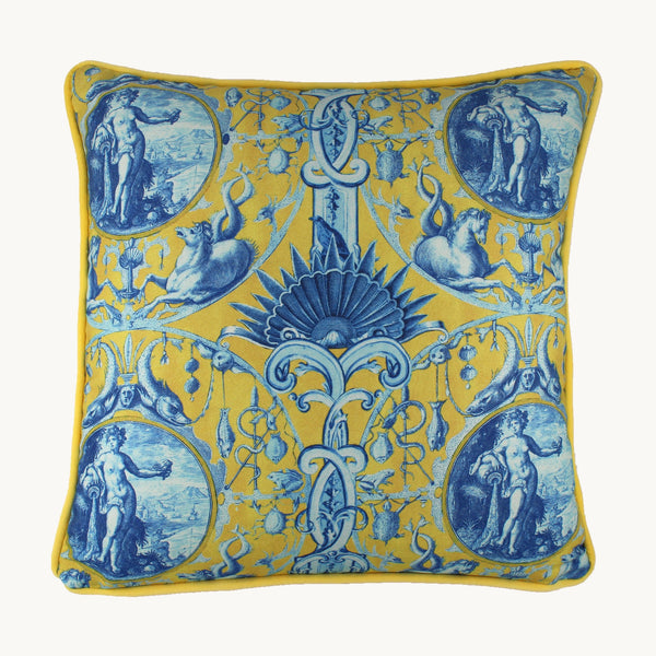 Photo of a vibrant yellow and cobalt blue cushion with ancient greek inspired imagery