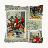 Photo of a vintage barkcloth cushion with a classic english hunting scene of a huntsman on his horse with hounds at his feet.