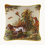 Photo of a cushion in a vintage barkcloth showing setter dogs and pheasants in an autumn colour palette