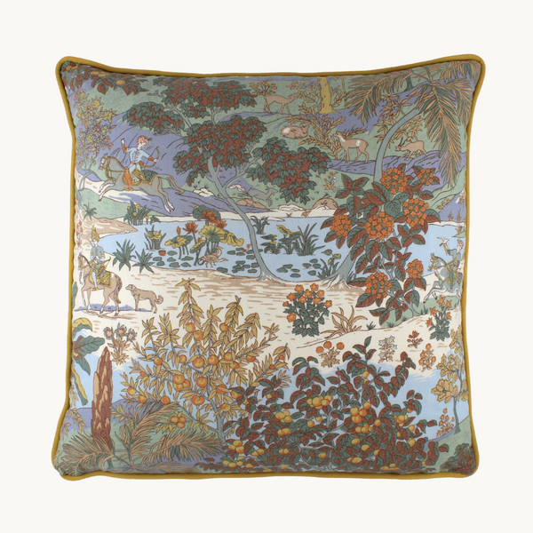 Highly detailed decorative fabric depicting Persian hunting scenes in a forest in a pastel colourway of lemon, sky blue, mint and brown. 